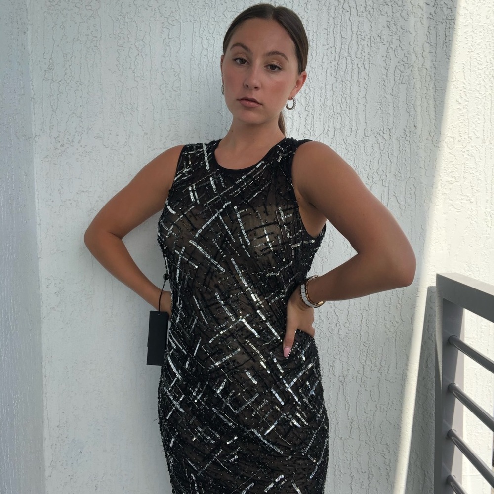 Brand New With Tags Black Beaded Mesh BEBE Dress